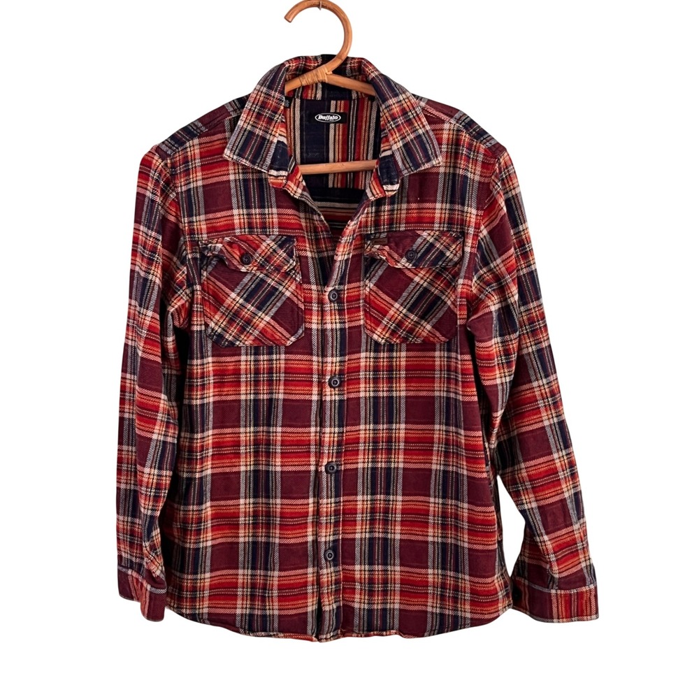 Buffalo Cozy Flannel Shirt L Men Plaid Cotton Button Down Warm Rust Lumberjack